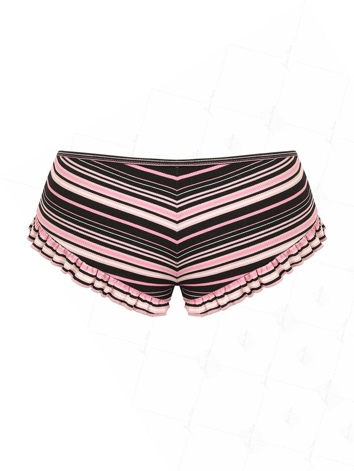 Pink Ribbed Knit Striped Ruffle Bikini Bottom Cheeky Swim Boyshorts