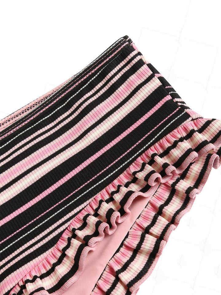 Pink Ribbed Knit Striped Ruffle Bikini Bottom Cheeky Swim Boyshorts