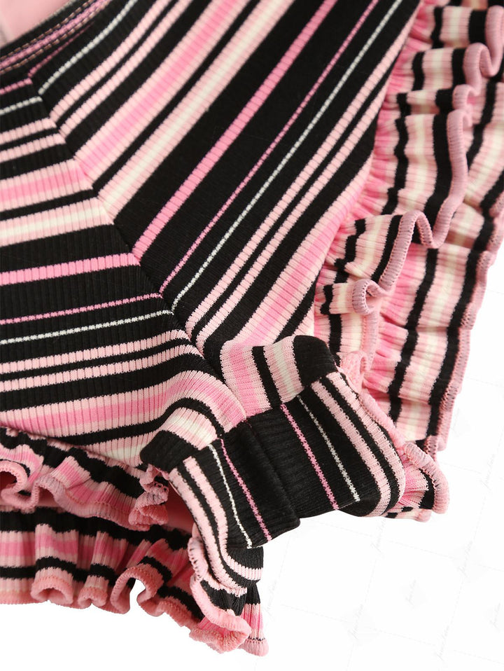 Pink Ribbed Knit Striped Ruffle Bikini Bottom Cheeky Swim Boyshorts
