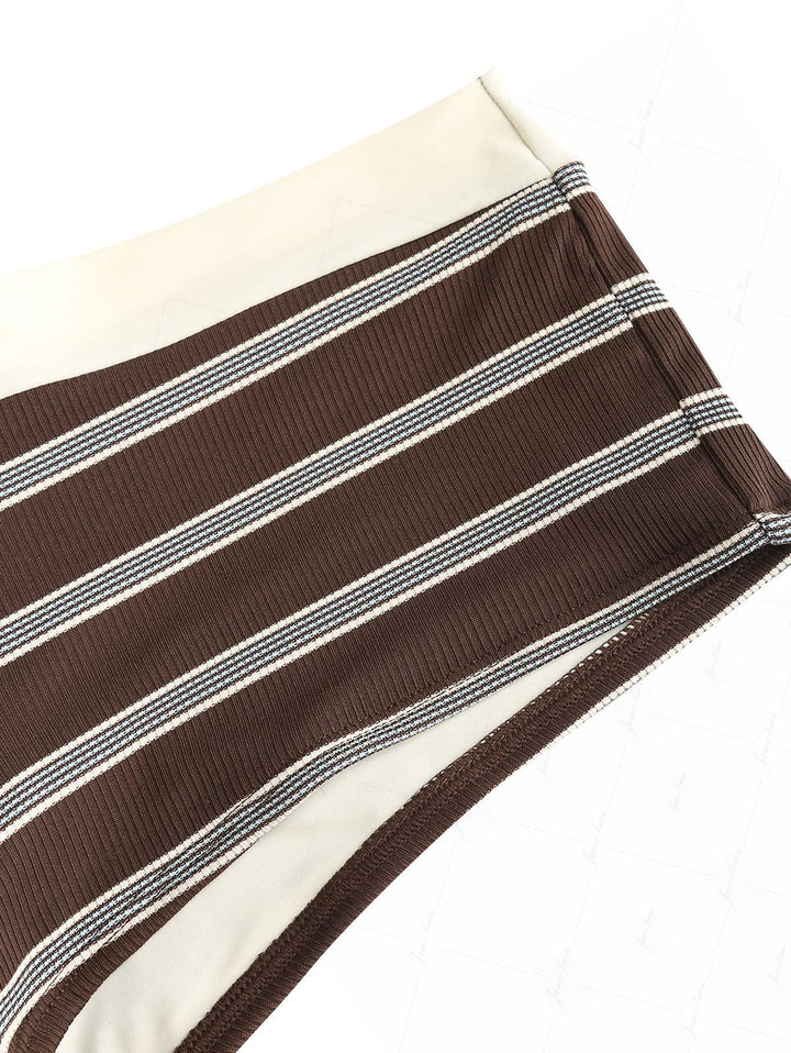 Deep Coffee Striped Two-way Bikini Bottom Cheeky Swim Boyshorts