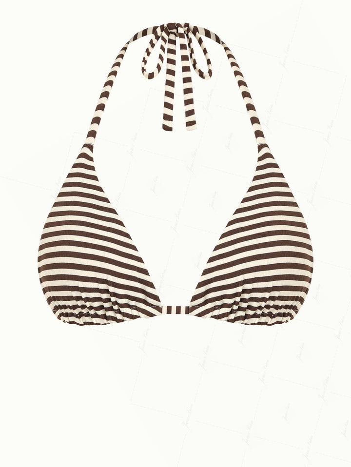 Brown Knit Striped Reversible Halter Triangle Bikini Top