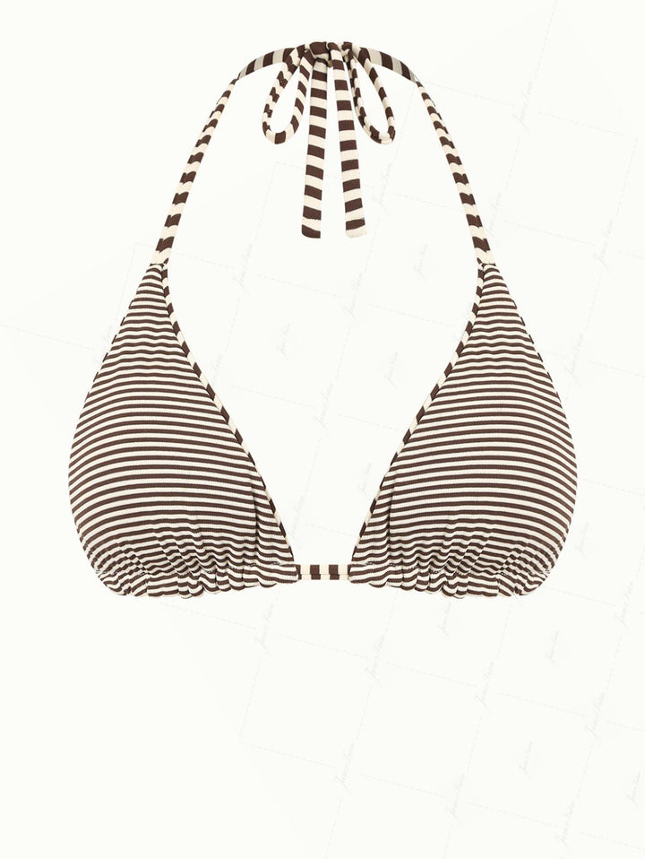 Brown Knit Striped Reversible Halter Triangle Bikini Top