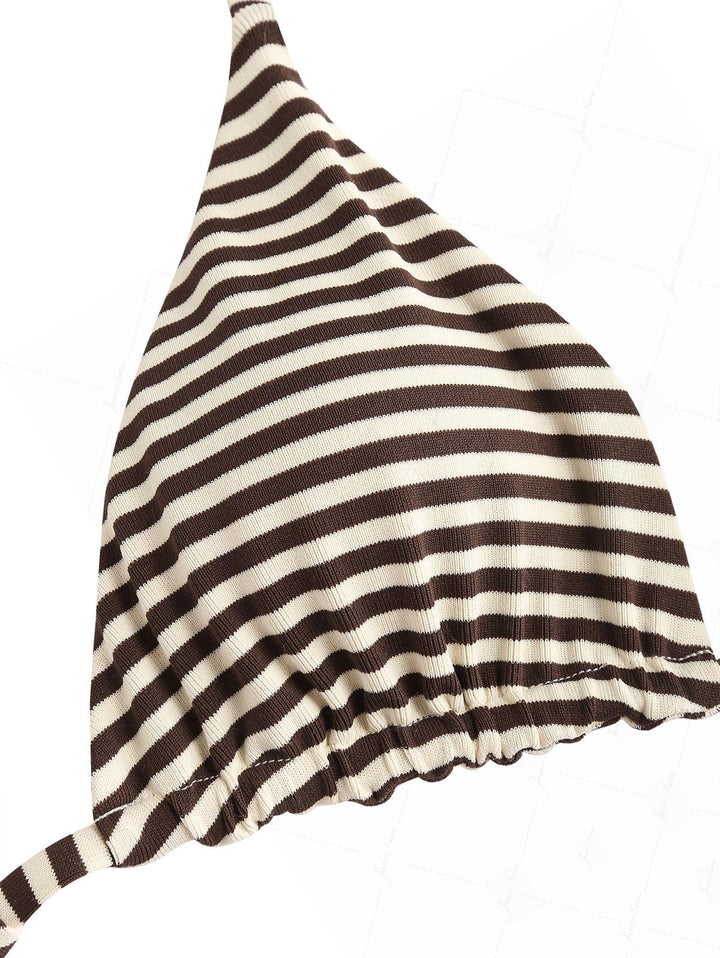 Brown Knit Striped Reversible Halter Triangle Bikini Top
