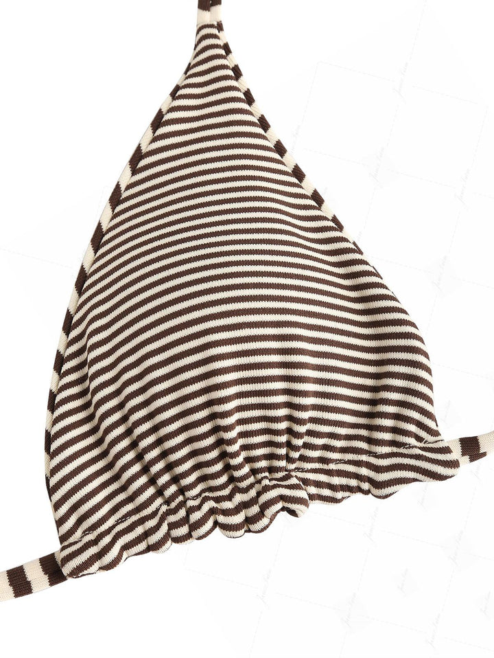 Brown Knit Striped Reversible Halter Triangle Bikini Top