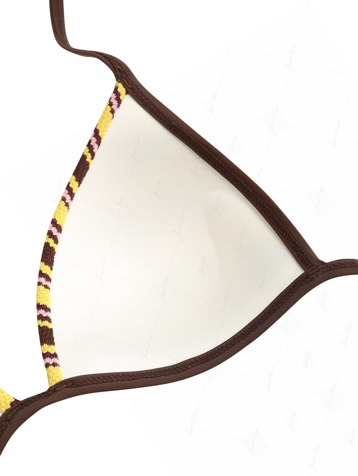 Yellow Knit Striped Textured Triangle Push Up Bikini Set