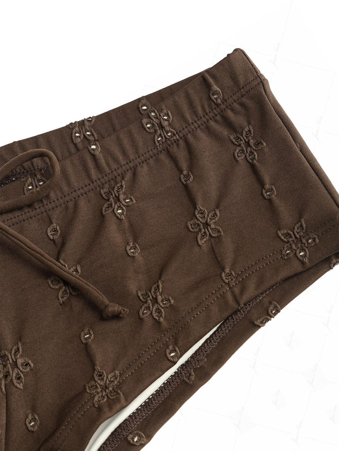Deep Coffee Recycled Fabric Eyelet Jacquard O Ring Double Layer Top & Cheeky Boyshorts Bikini Set