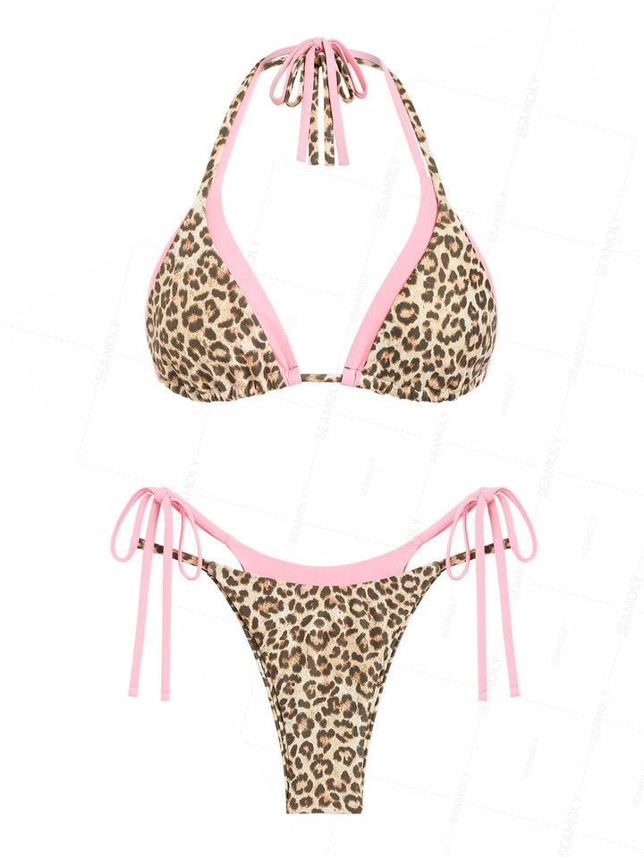 Seamolly Contrast Color Leopard Print Triangle Double Layer Bikini Set