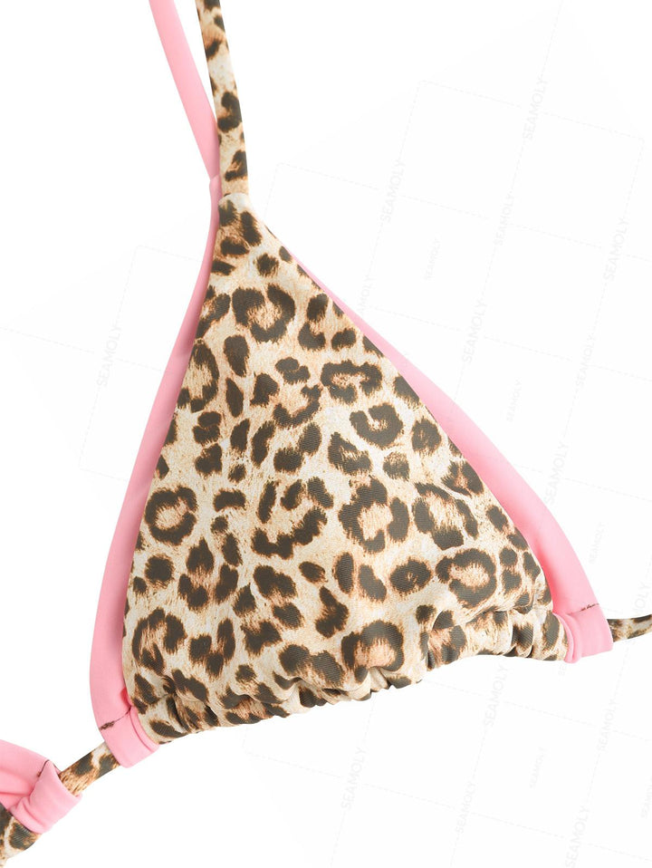 Seamolly Contrast Color Leopard Print Triangle Double Layer Bikini Set