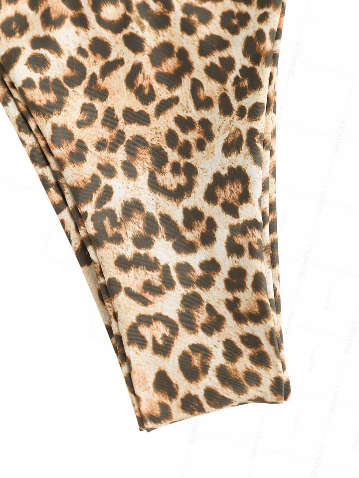 Seamolly Contrast Color Leopard Print Triangle Double Layer Bikini Set