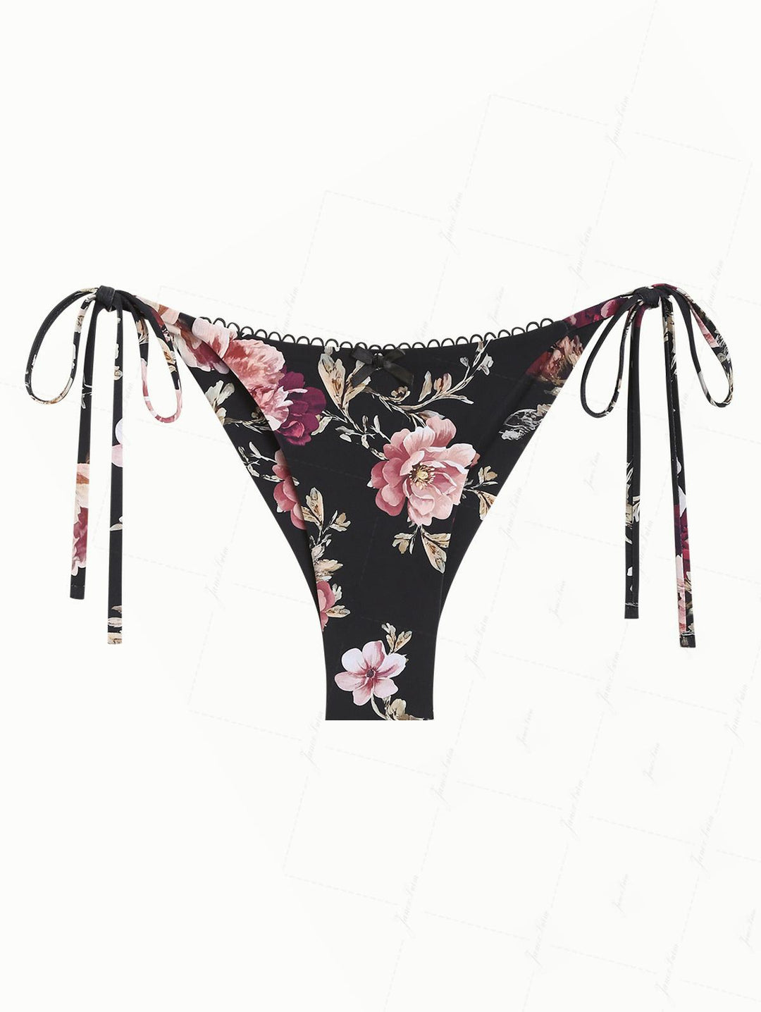 Black Floral Leaf Print Picot Trim String Cheeky Brazilian Bikini Bottom