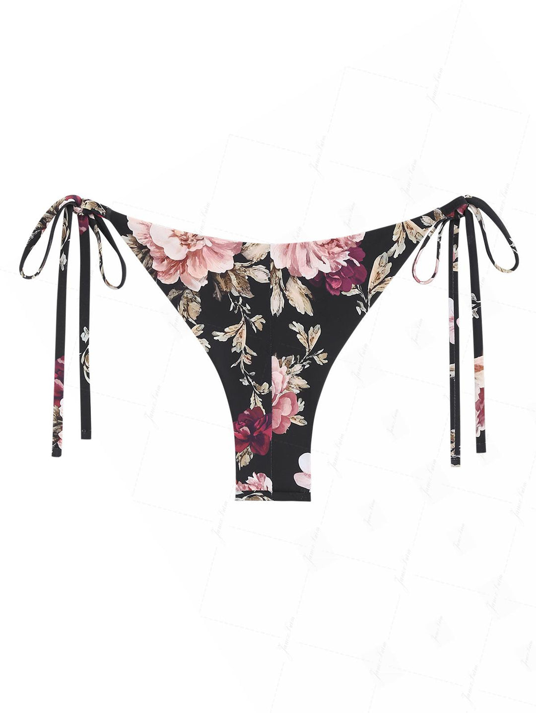 Black Floral Leaf Print Picot Trim String Cheeky Brazilian Bikini Bottom
