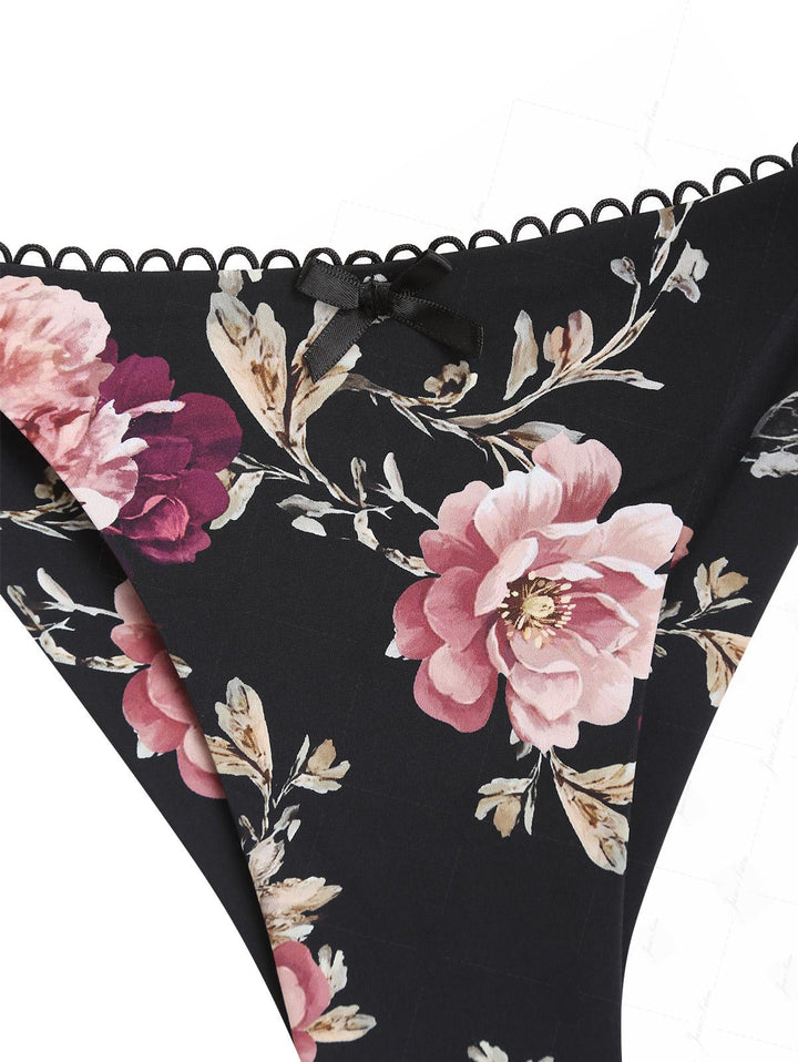 Black Floral Leaf Print Triangle Top & Cheeky Brazilian Bottom Bikini Set