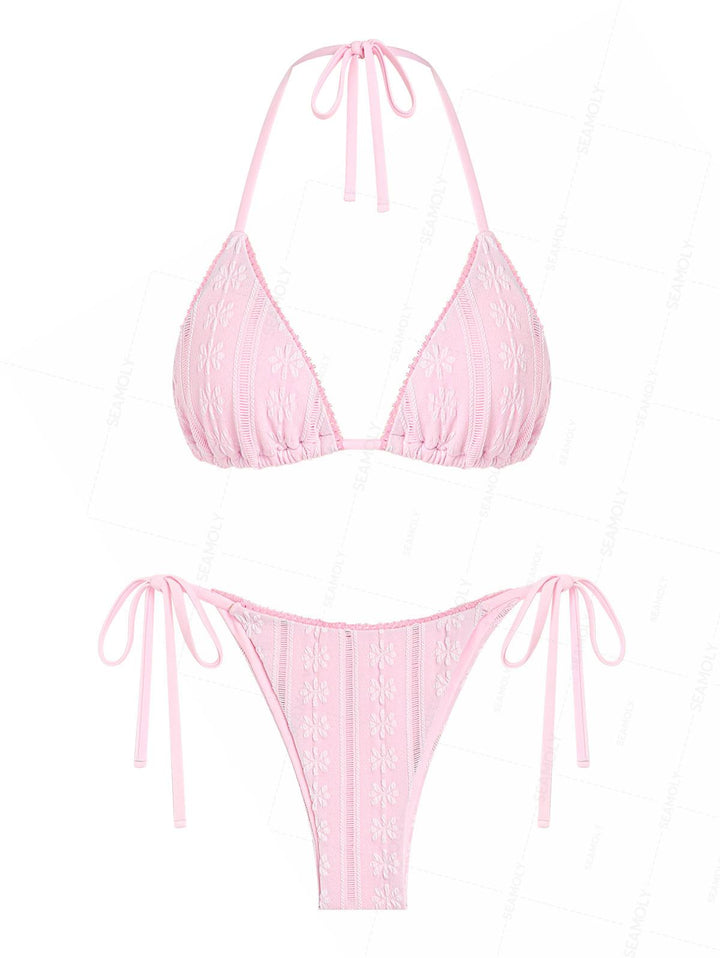 Seamolly Jacquard Lace Trim Halter Triangle Tie Side Bikini Set