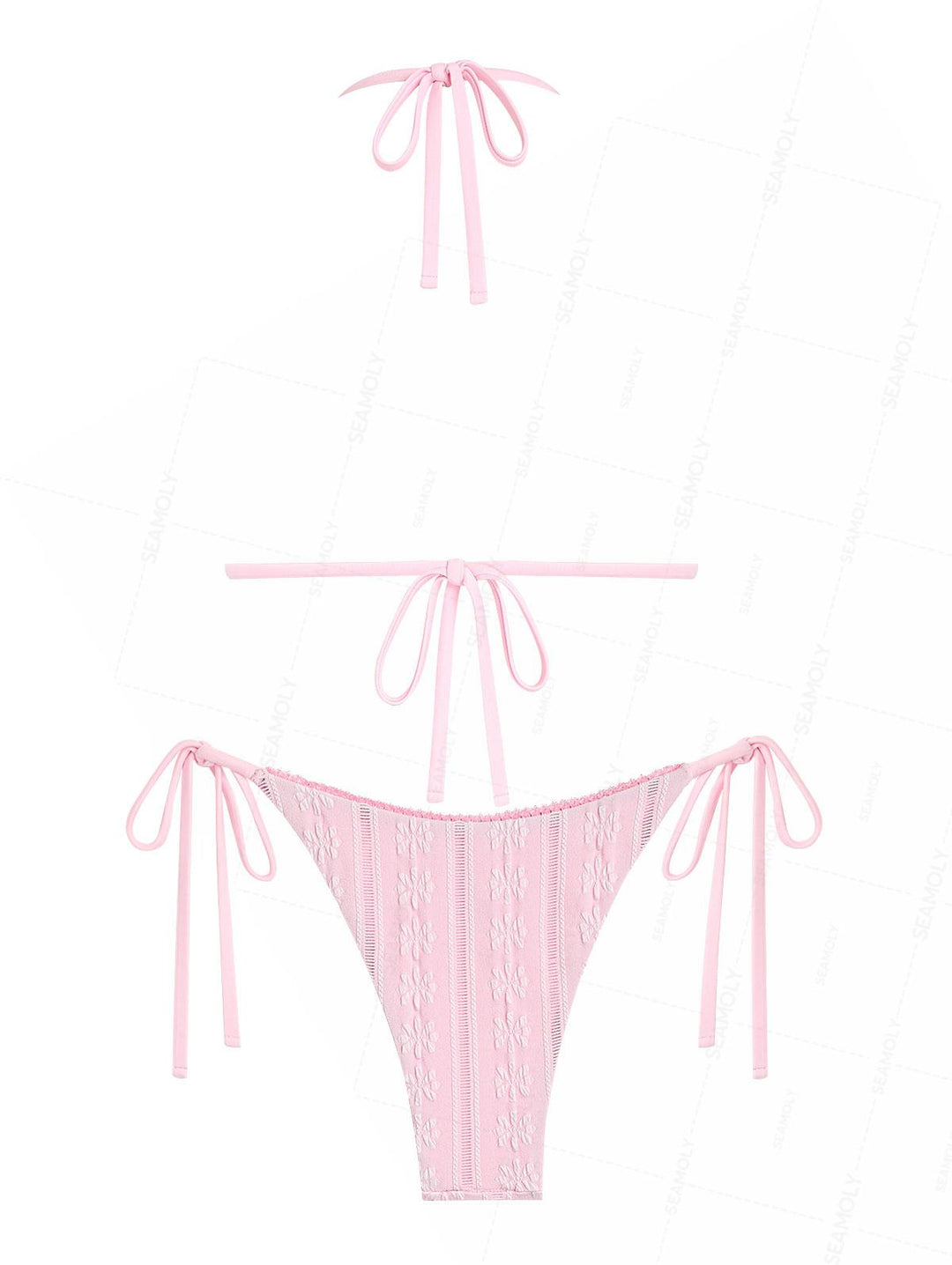 Seamolly Jacquard Lace Trim Halter Triangle Tie Side Bikini Set