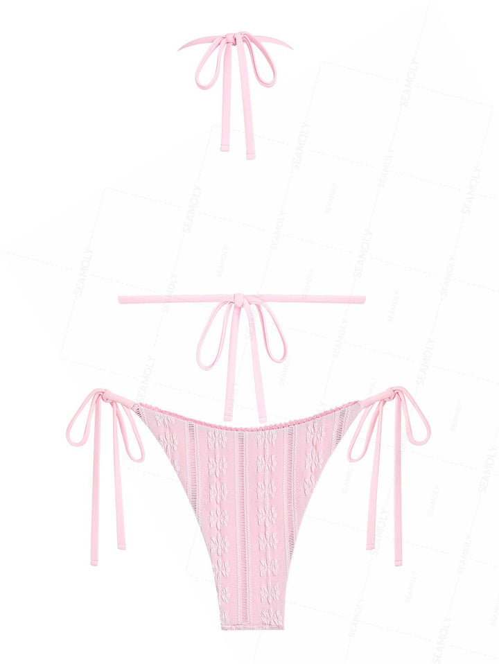 Seamolly Jacquard Lace Trim Halter Triangle Tie Side Bikini Set