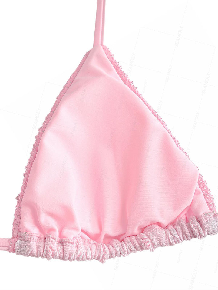 Seamolly Jacquard Lace Trim Halter Triangle Tie Side Bikini Set