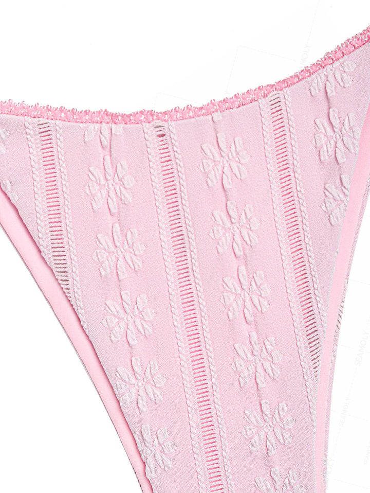 Seamolly Jacquard Lace Trim Halter Triangle Tie Side Bikini Set