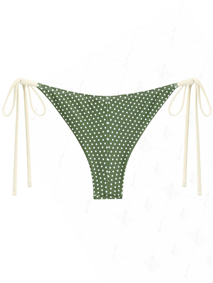 Plant Green Polka Dot Lace Bowknot String Cheeky Brazilian Bikini Bottom