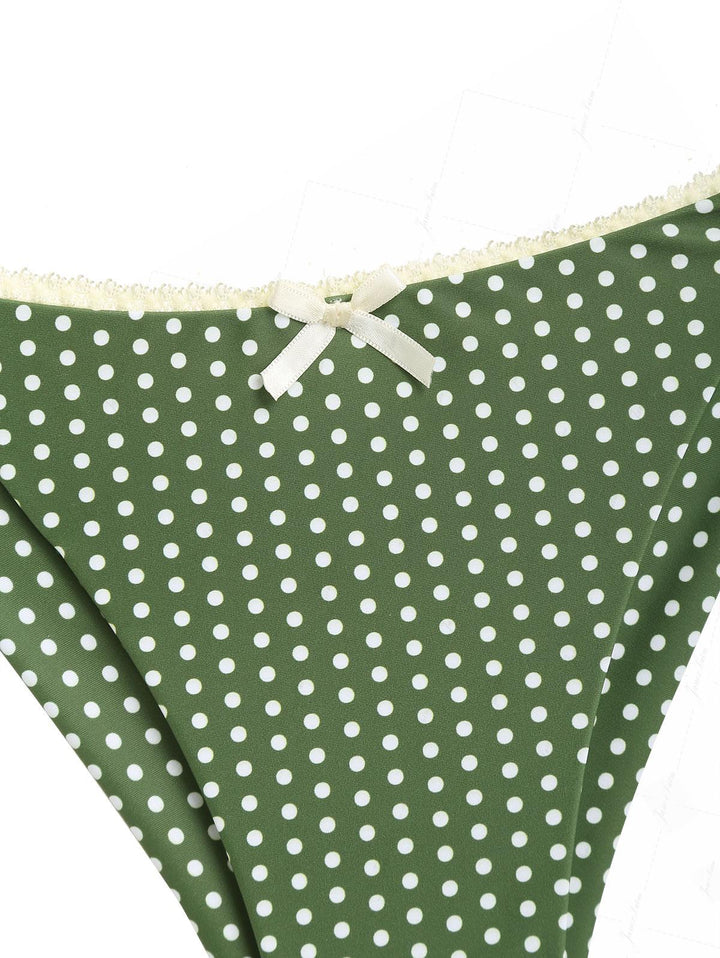 Plant Green Polka Dot Lace Bowknot Triangle Top & Cheeky Brazilian Bottom Bikini Set