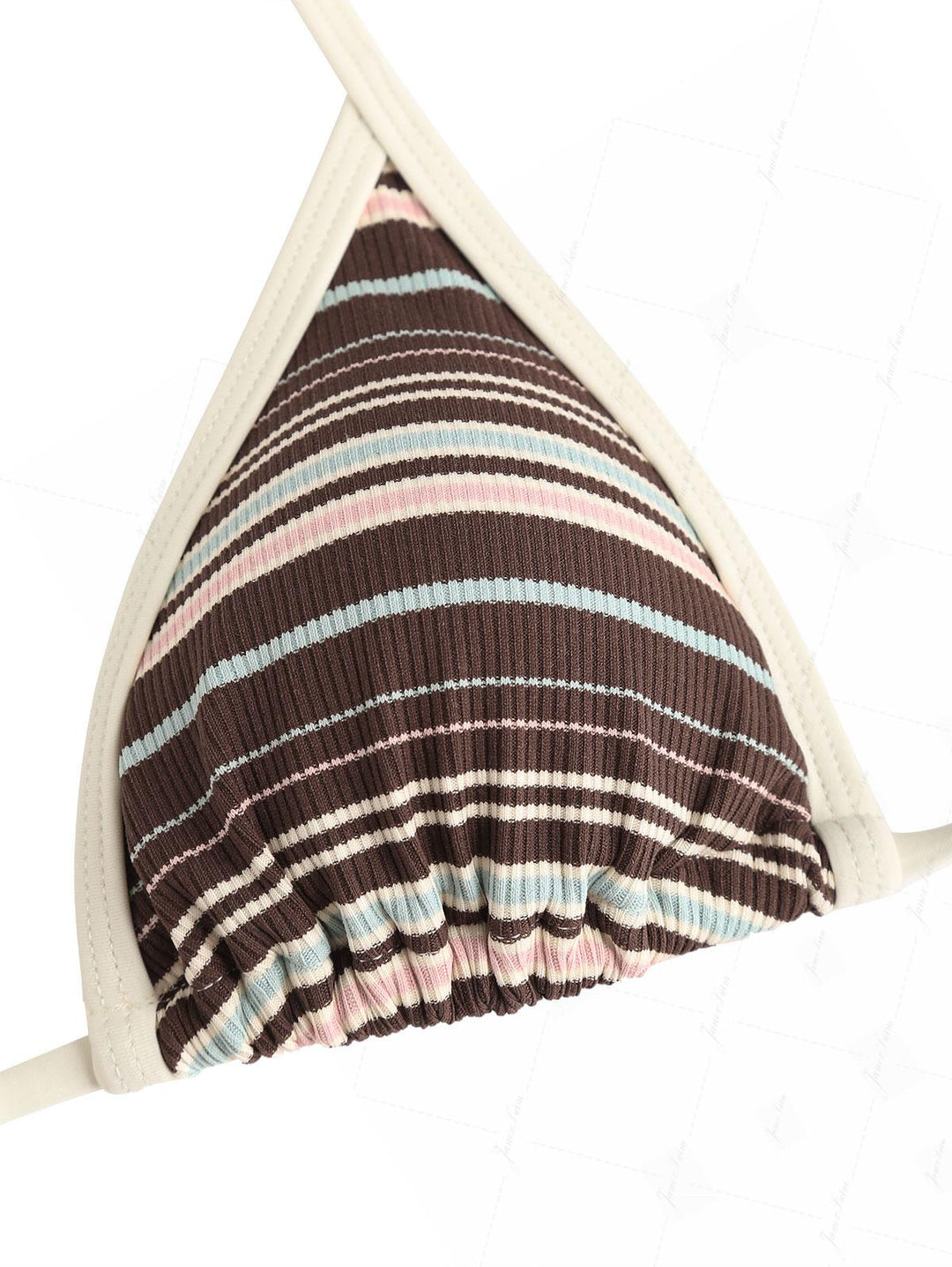 Deep Coffee Ribbed Knit Striped Contrast Binding Halter Triangle Bikini Top