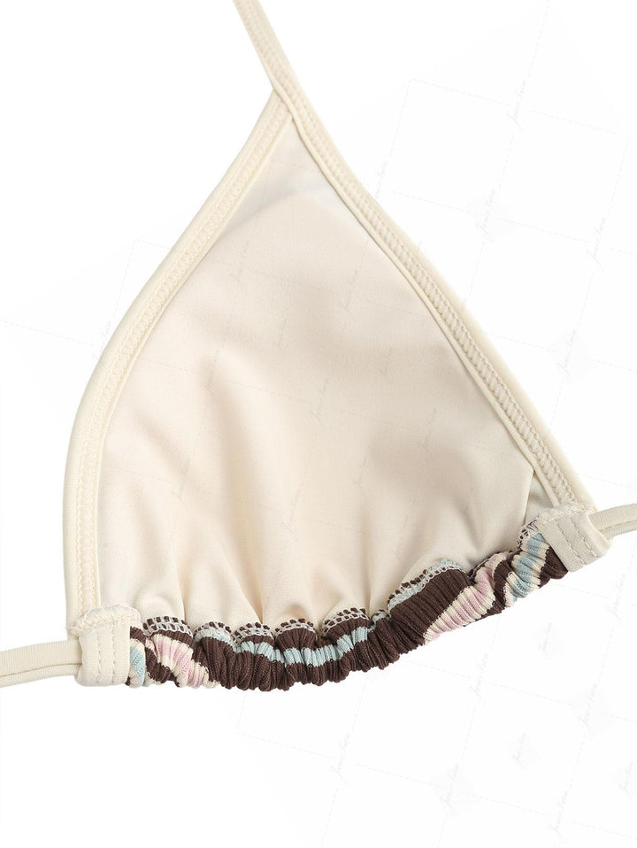 Deep Coffee Ribbed Knit Striped Contrast Binding Halter Triangle Bikini Top