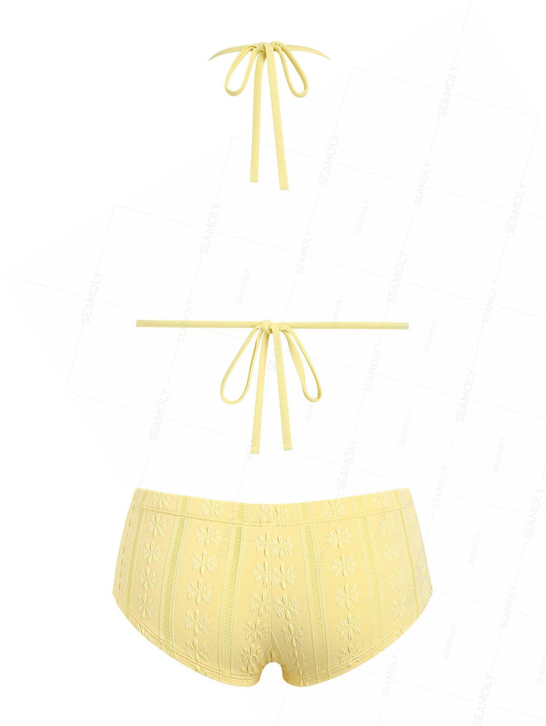 Seamolly Floral Jacquard Lace Bowknot Cheeky Boyshorts Bikini Set