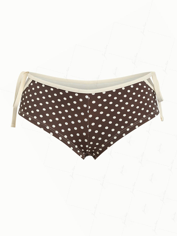 Deep Coffee Polka Dot Cutout Tie Side Bikini Bottom Cheeky Swim Boyshorts