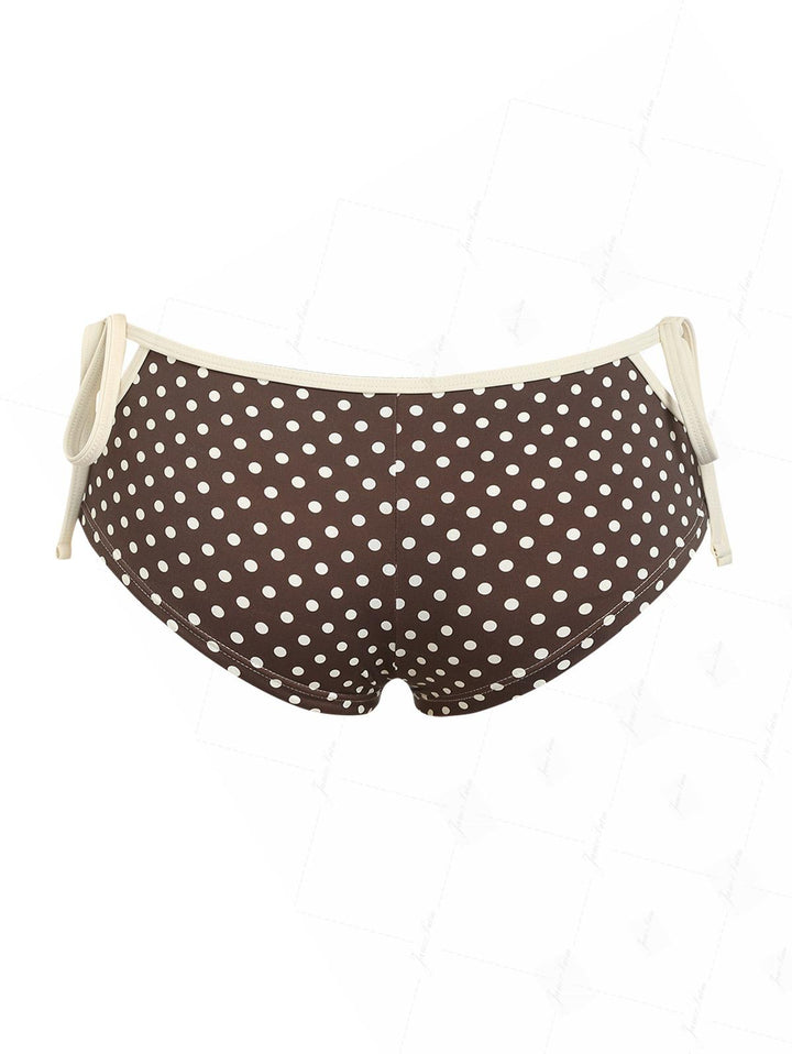 Deep Coffee Polka Dot Cutout Tie Side Bikini Bottom Cheeky Swim Boyshorts