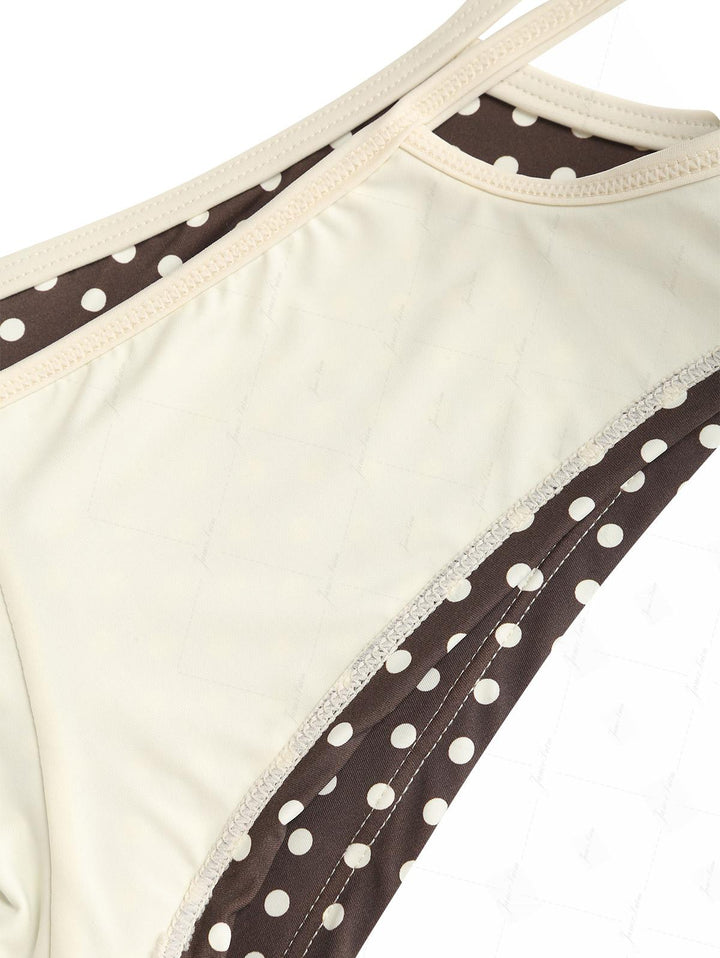 Deep Coffee Polka Dot Lace Bowknot Cutout Tie Side Cheeky Boyshorts Bikini Set