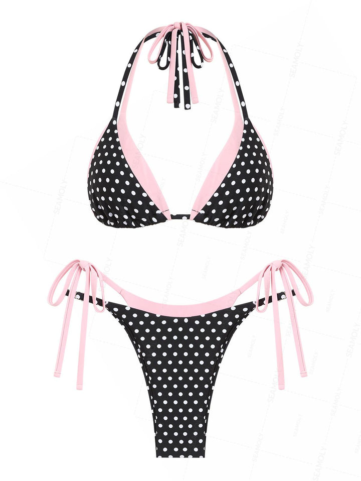 Seamolly Contrast Color Polka Dot Print Tie Side Double Layer Bikini Set