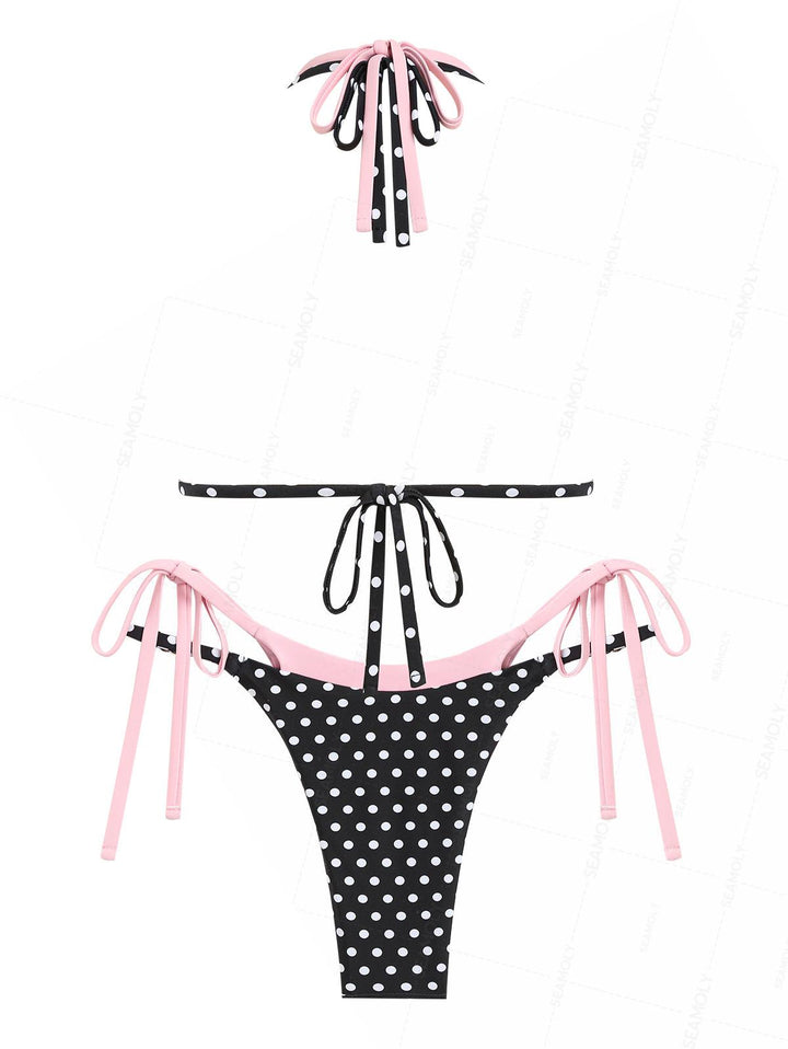 Seamolly Contrast Color Polka Dot Print Tie Side Double Layer Bikini Set