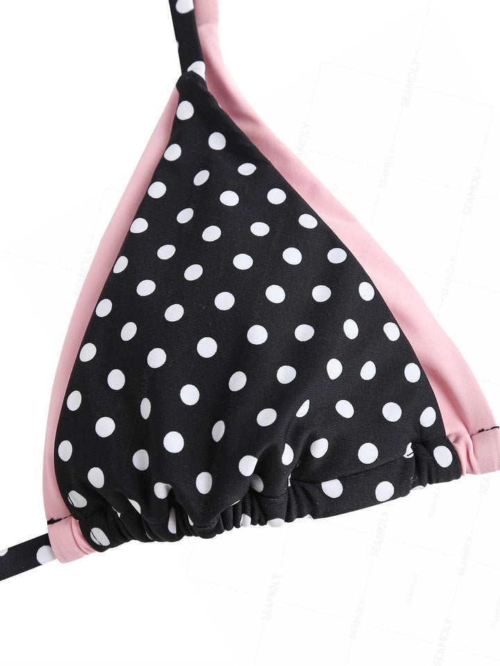 Seamolly Contrast Color Polka Dot Print Tie Side Double Layer Bikini Set