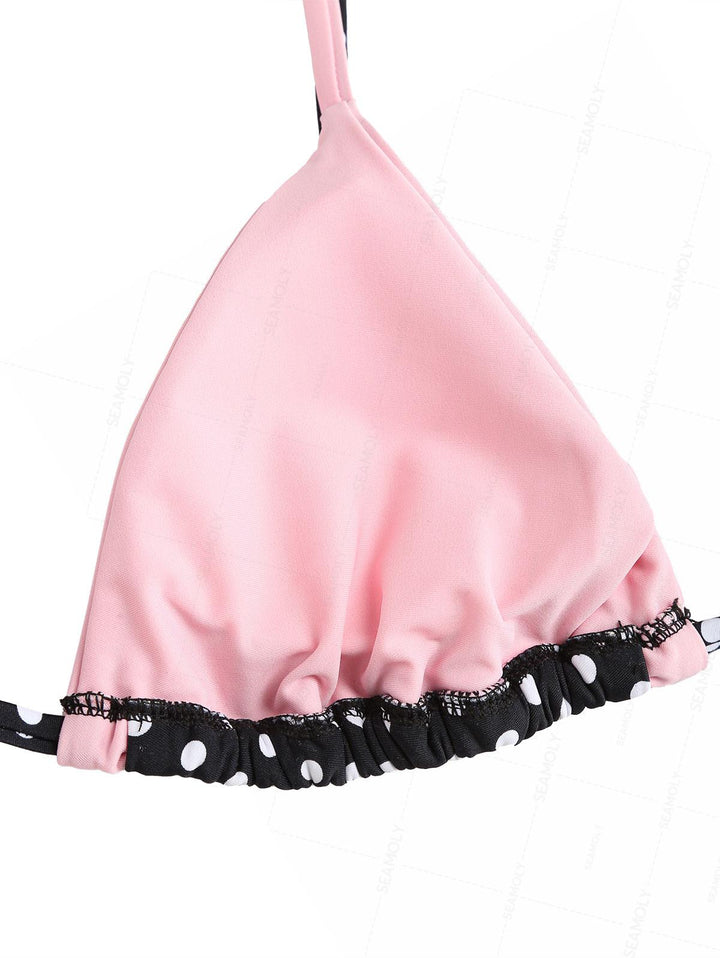 Seamolly Contrast Color Polka Dot Print Tie Side Double Layer Bikini Set
