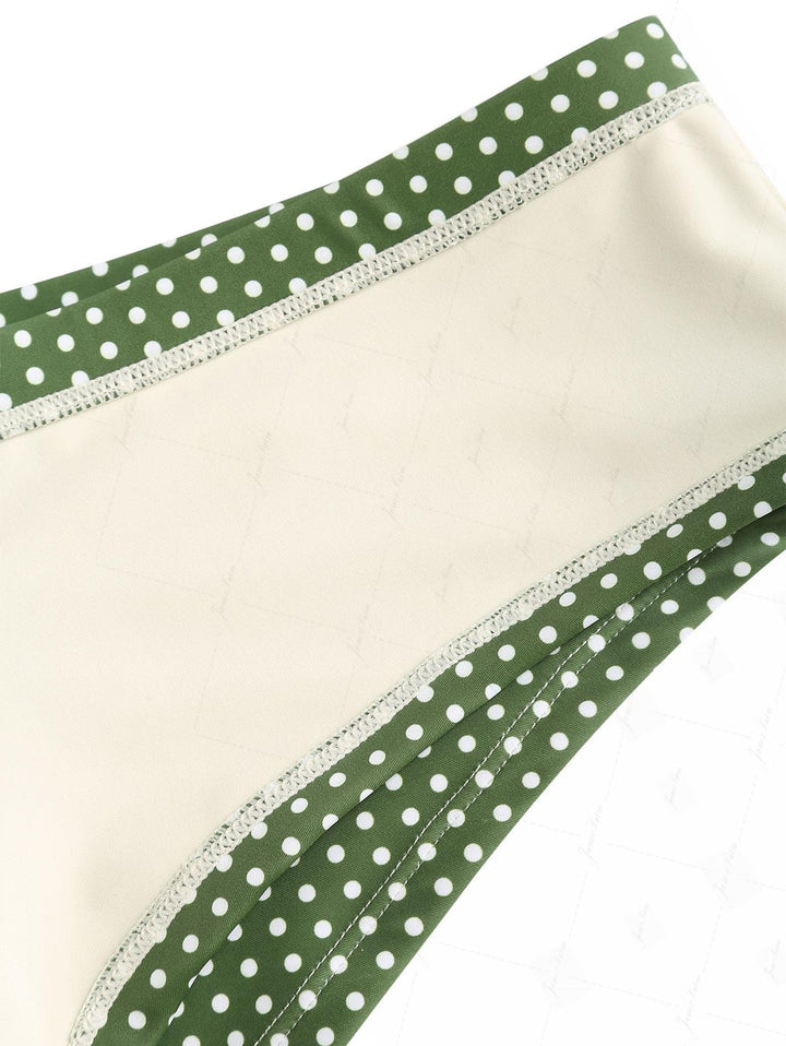 Plant Green Polka Dot Lace Bowknot Halter Triangle Cheeky Boyshorts Bikini Set