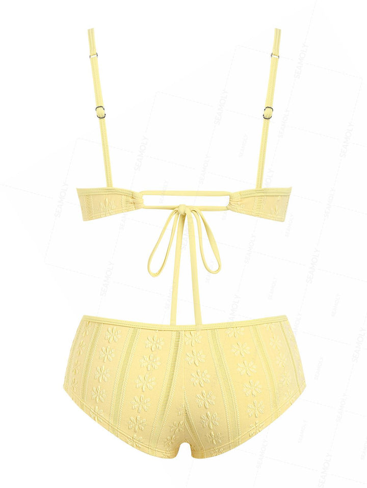 Seamolly Jacquard Bowknot Tank Style Cheeky Boyshorts Bikini Set