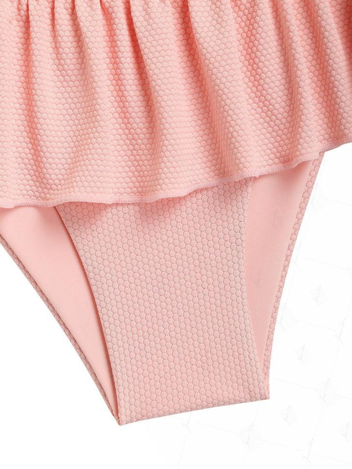 Pink Textured Knit Fabric Lace Bowknot Triangle Skirtini Bikini Set