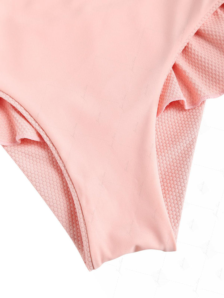 Pink Textured Knit Fabric Lace Bowknot Triangle Skirtini Bikini Set