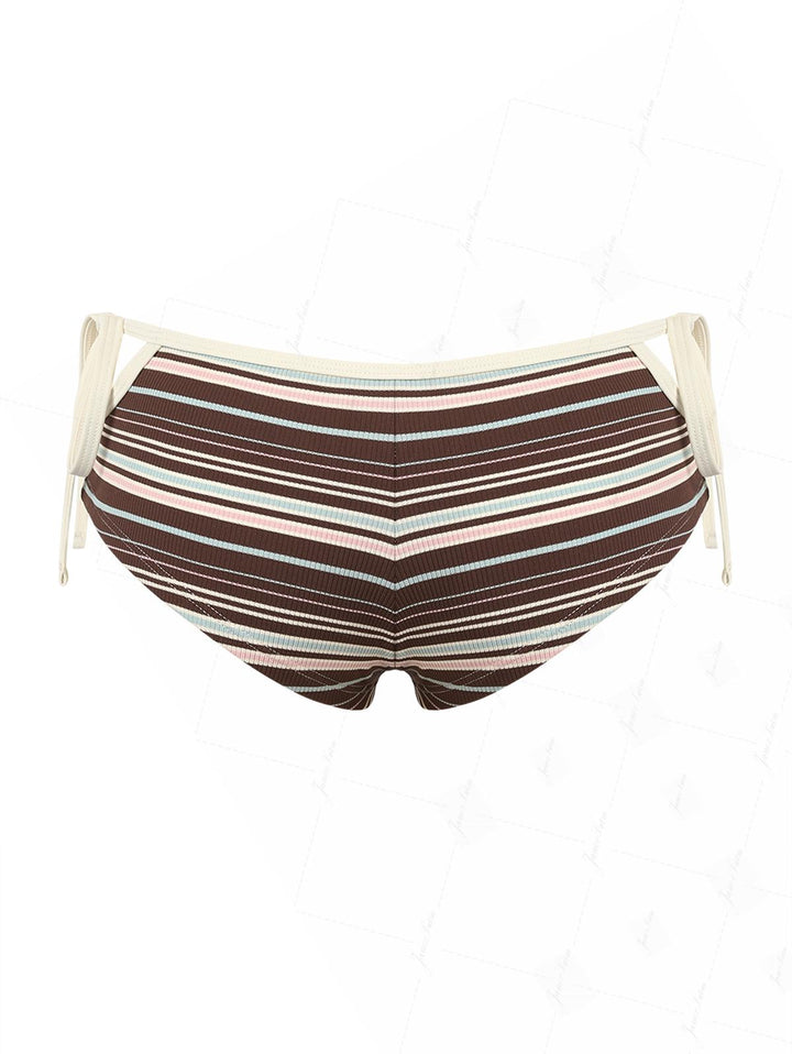 Deep Coffee Striped Cutout Tie Side Bikini Bottom Cheeky Swim Boyshorts