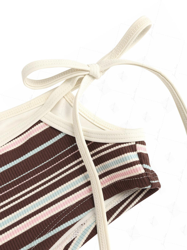 Deep Coffee Ribbed Striped Cutout Tie Side Cheeky Boyshorts Tankini Set