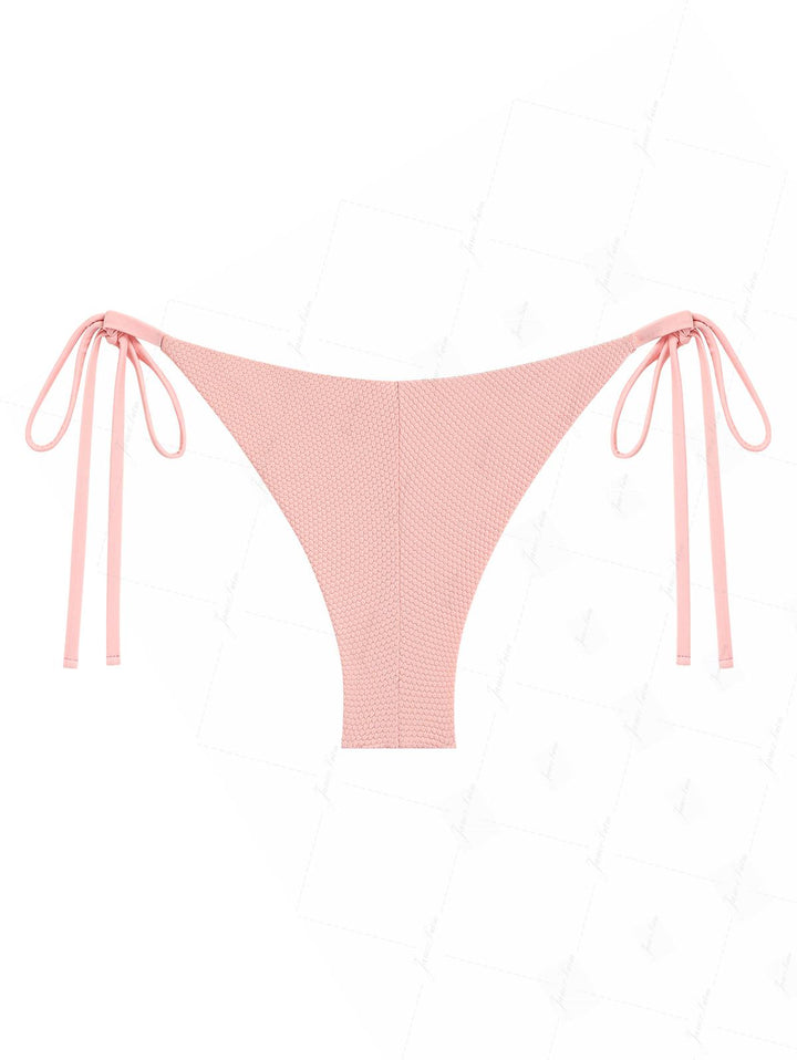 Pink Textured Knit Fabric Tie Side Cheeky Brazilian Bikini Bottom