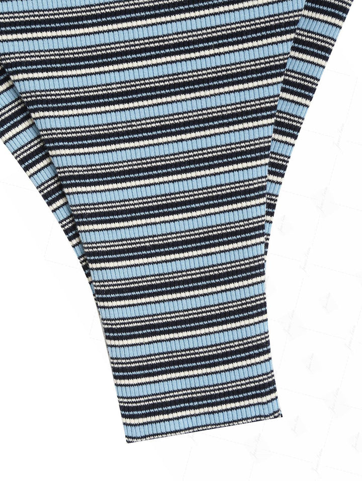 Blue Ribbed Knit Striped Hanky Hem Tank Top & Cheeky Brazilian Bottom Tankini Set