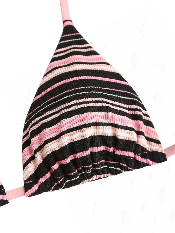 Pink Ribbed Knit Striped Triangle Cheeky Boyshorts Bikini Set