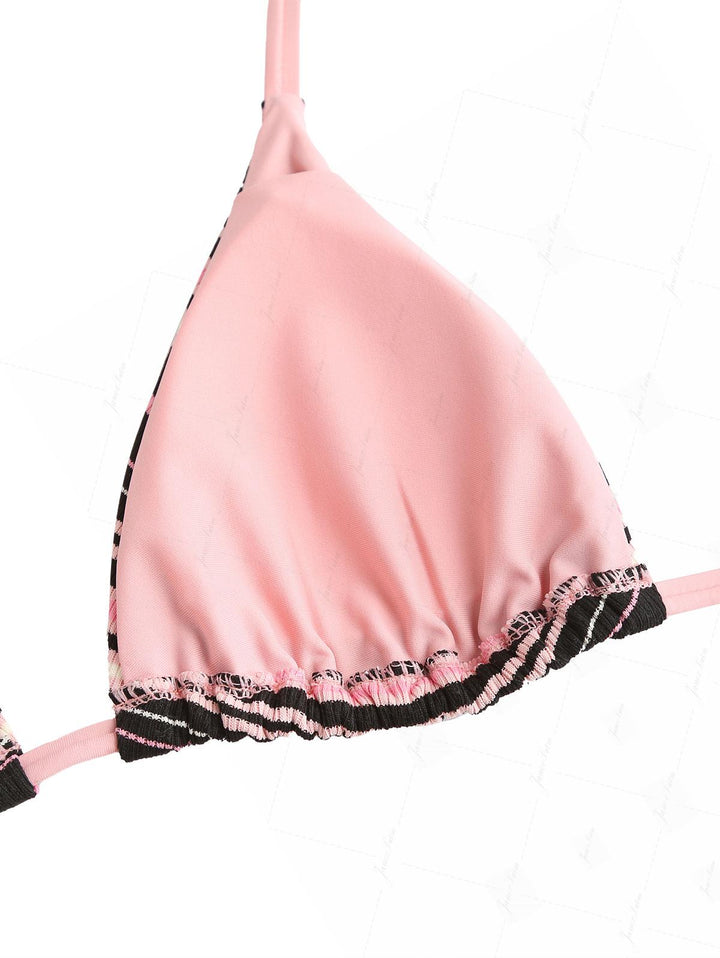 Pink Ribbed Knit Striped Triangle Cheeky Boyshorts Bikini Set