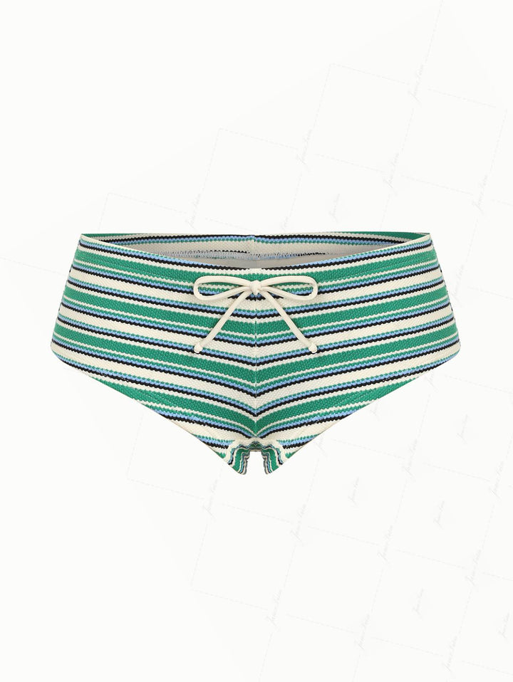 Green Knit Striped Textured Bikini Bottom Cheeky Swim Boyshorts