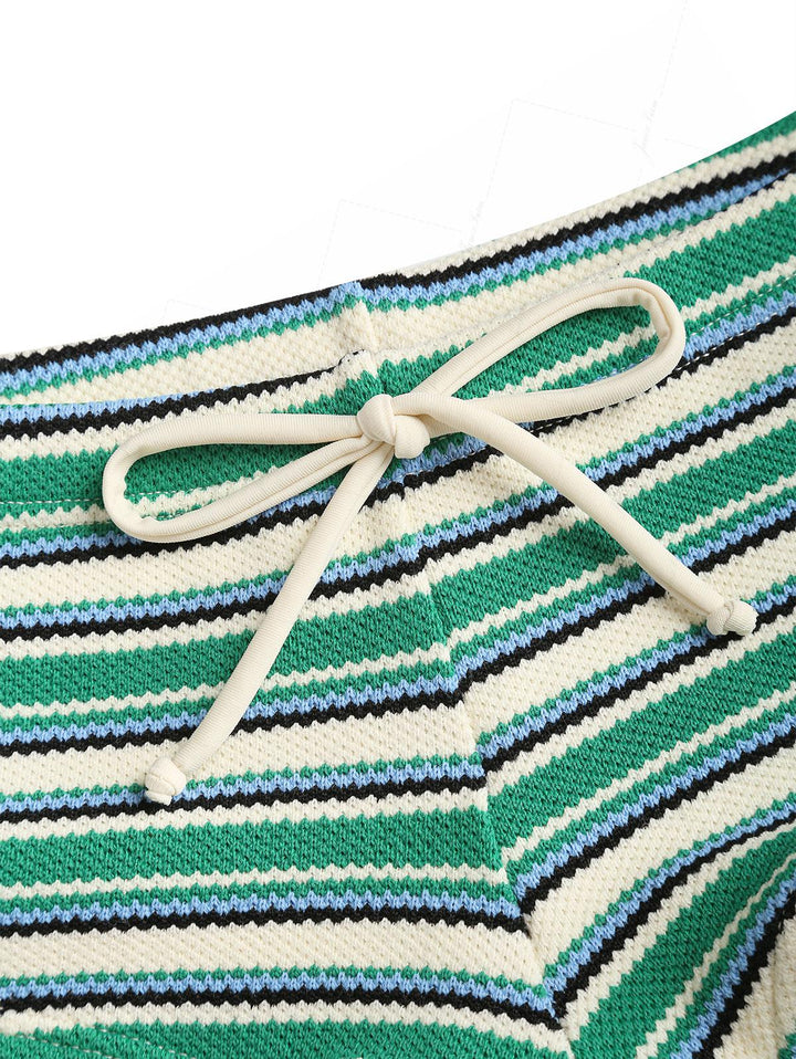 Green Textured Striped Bowknot Contrast Binding Cheeky Boyshorts Bikini Set