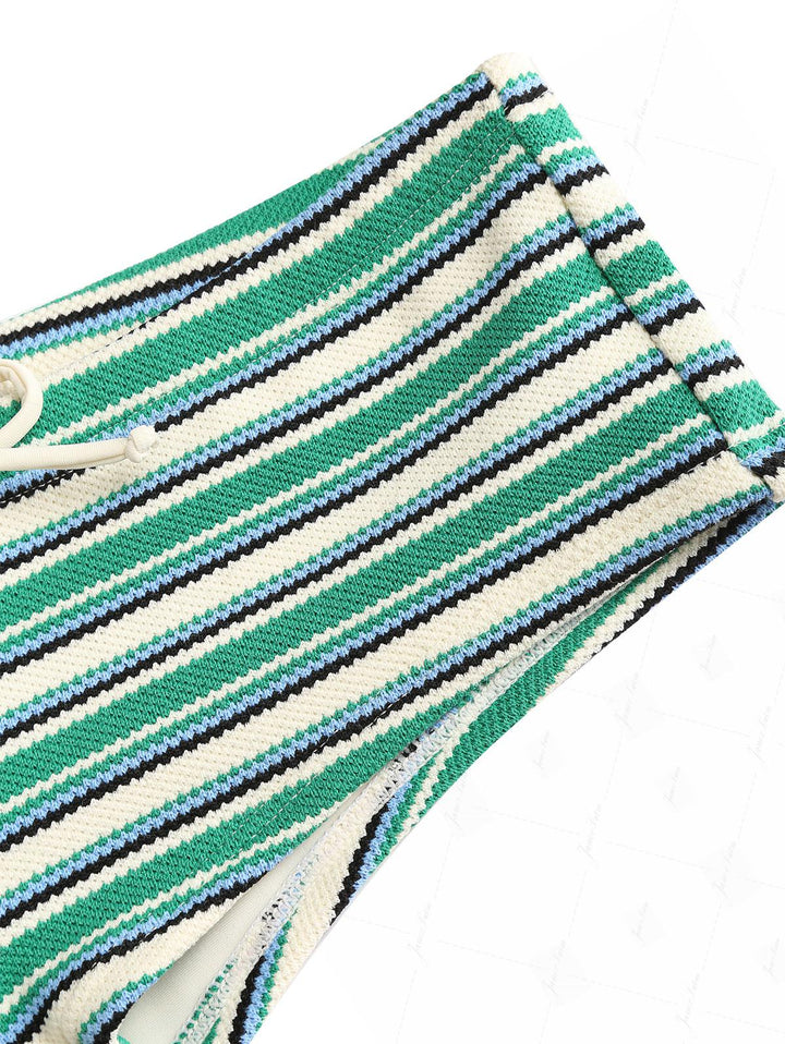 Green Knit Striped Textured Triangle Cheeky Boyshorts Bikini Set