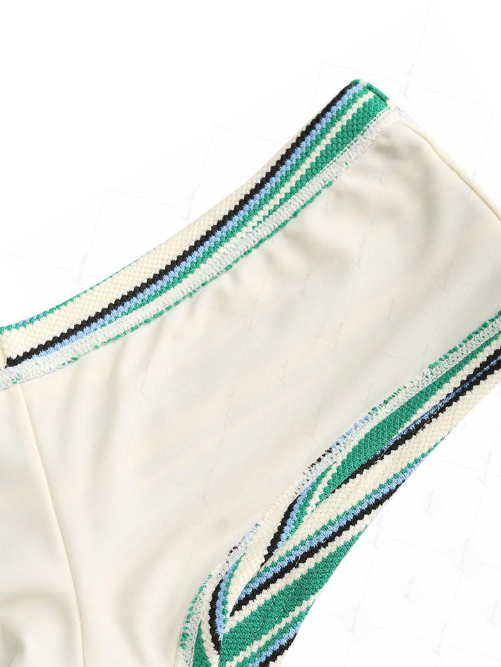 Green Knit Striped Textured Triangle Cheeky Boyshorts Bikini Set
