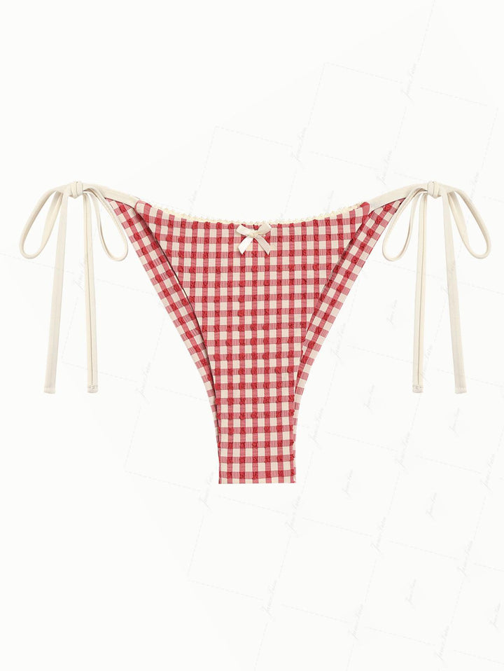 Pomegranate Red Gingham Lace Bowknot String Cheeky Brazilian Bikini Bottom