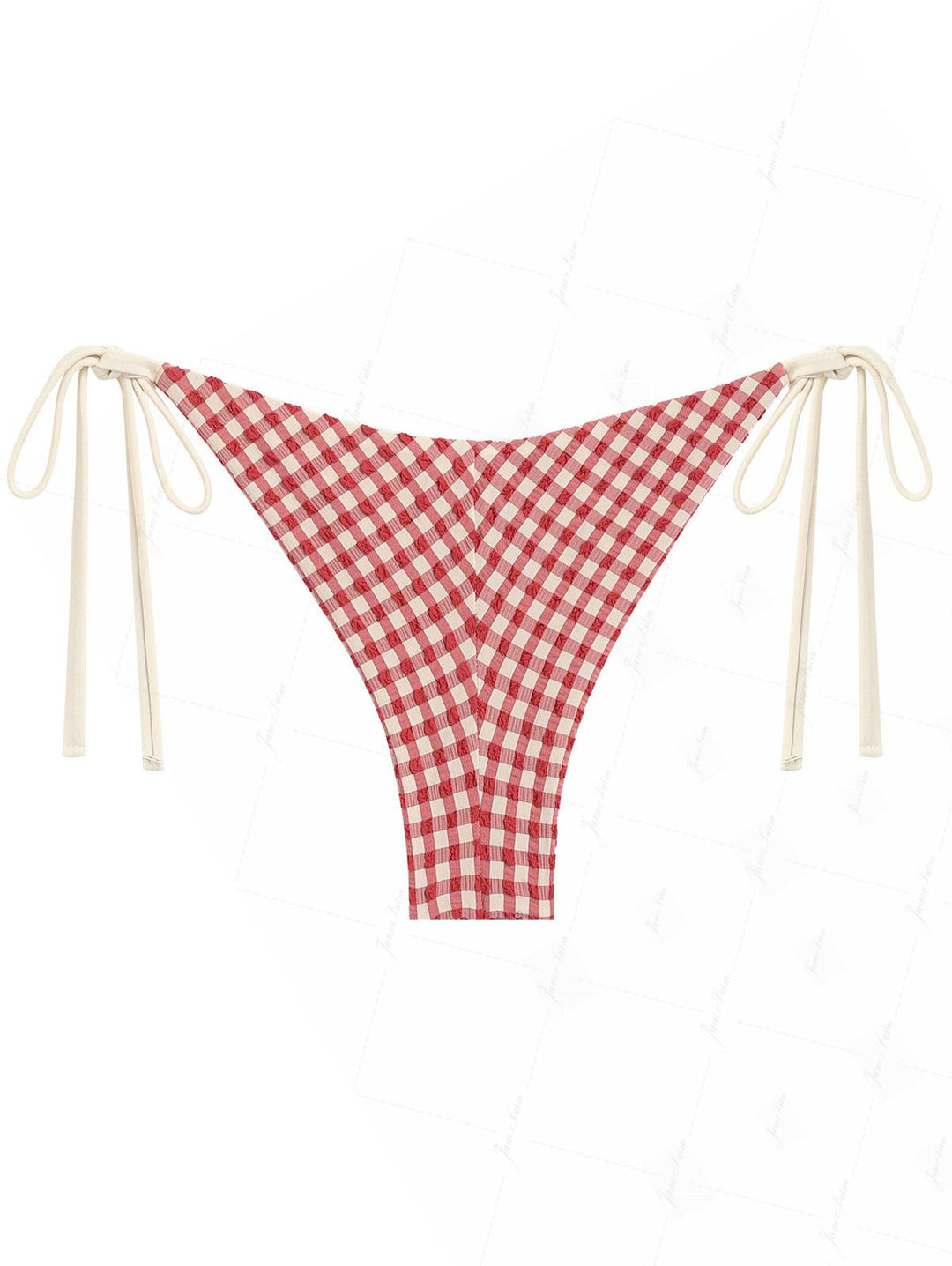 Pomegranate Red Gingham Lace Bowknot String Cheeky Brazilian Bikini Bottom