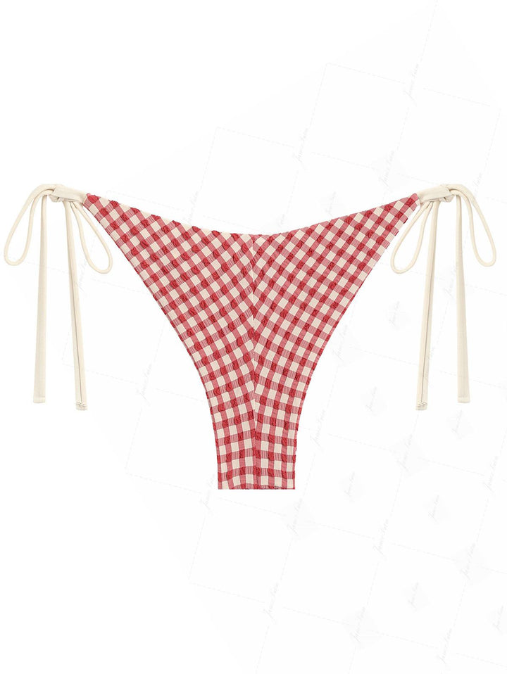 Pomegranate Red Gingham Lace Bowknot String Cheeky Brazilian Bikini Bottom